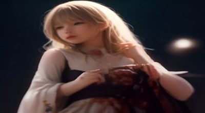 Taylor Swift 演唱会现场，舞台上巨型光束与烟火效果交织，万人合唱欧美流行歌曲的震撼场景